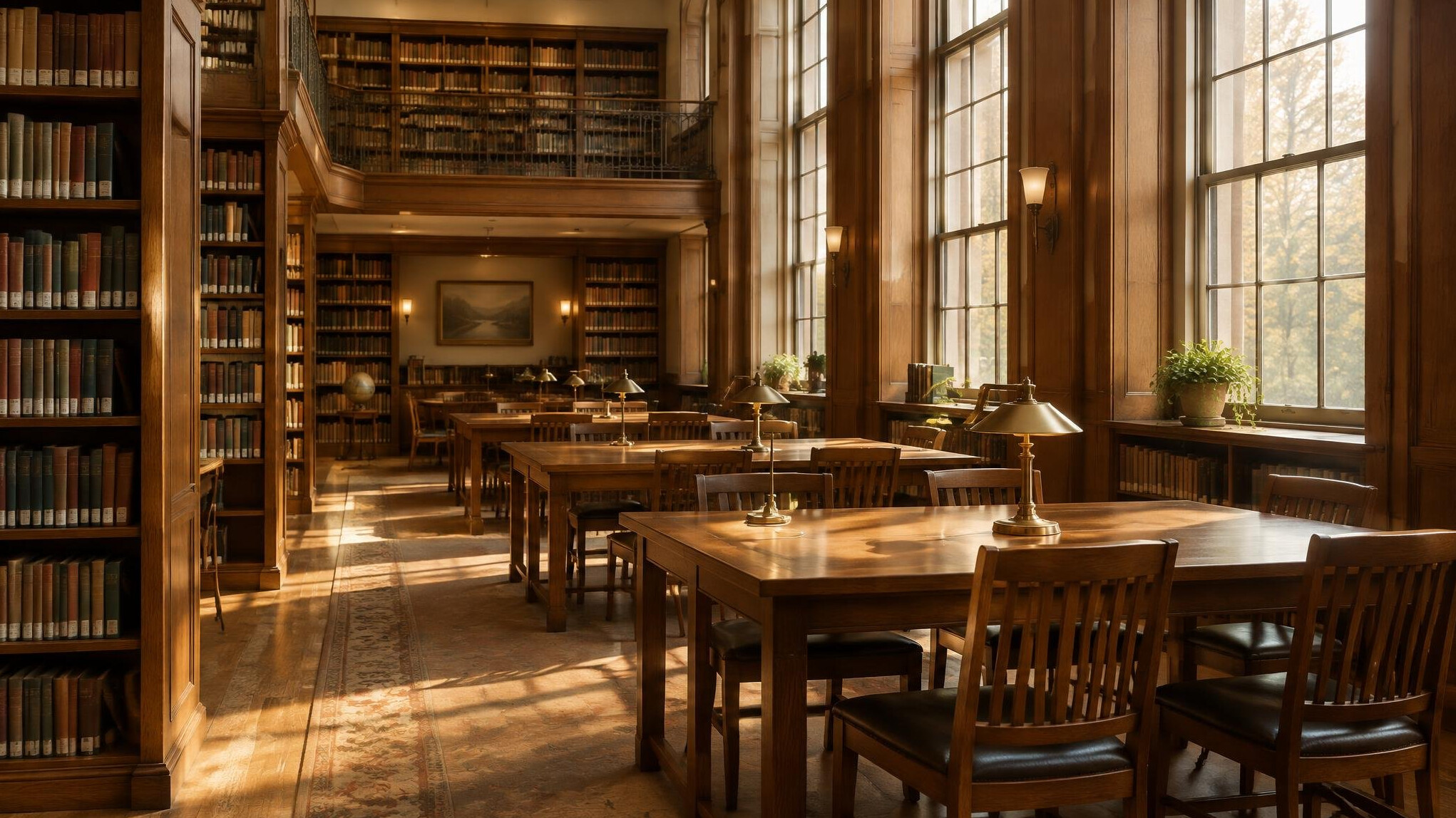 Quiet library reading room with warm light and tall bookshelves