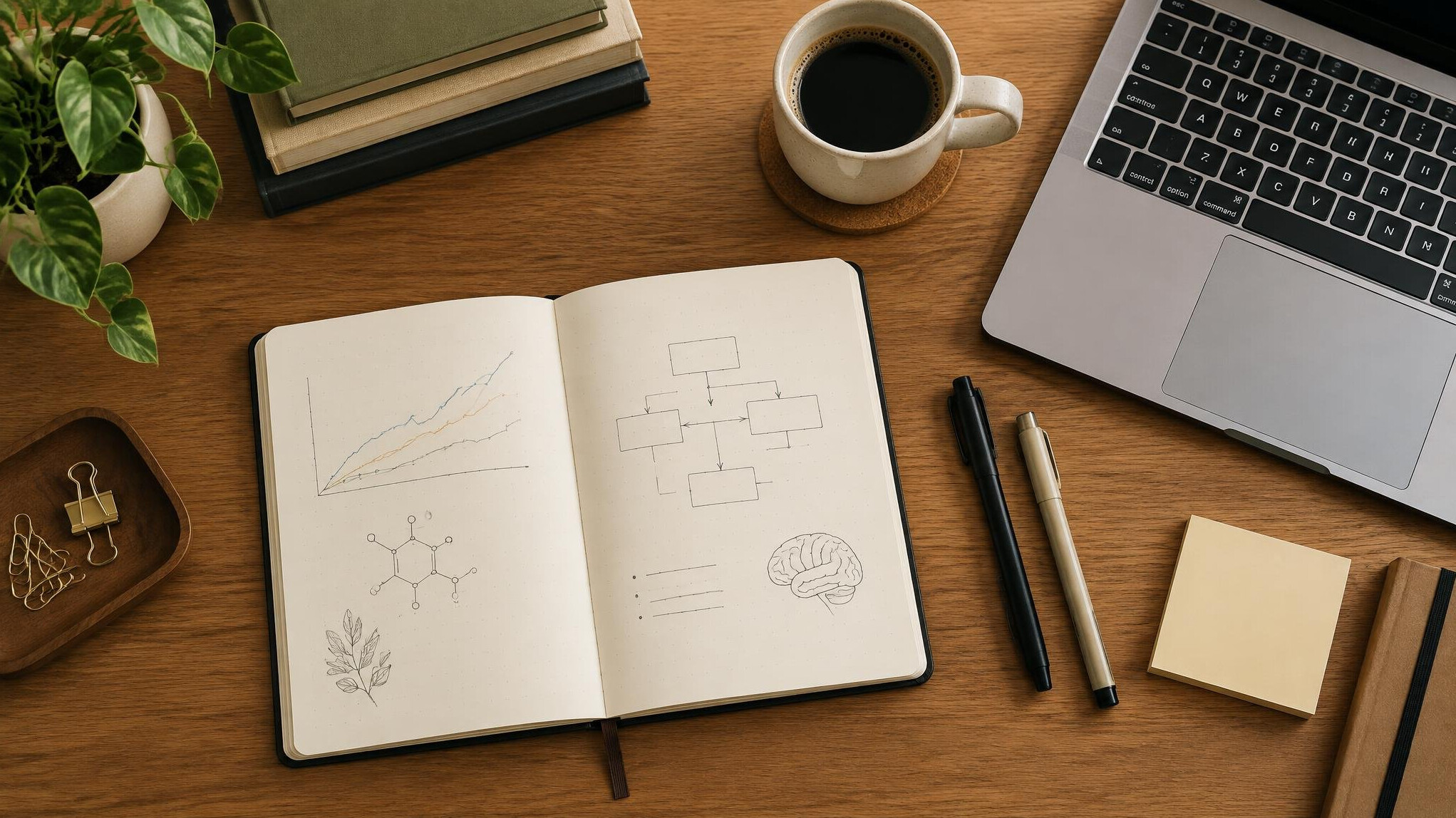 Notebook and pens on a desk seen from above