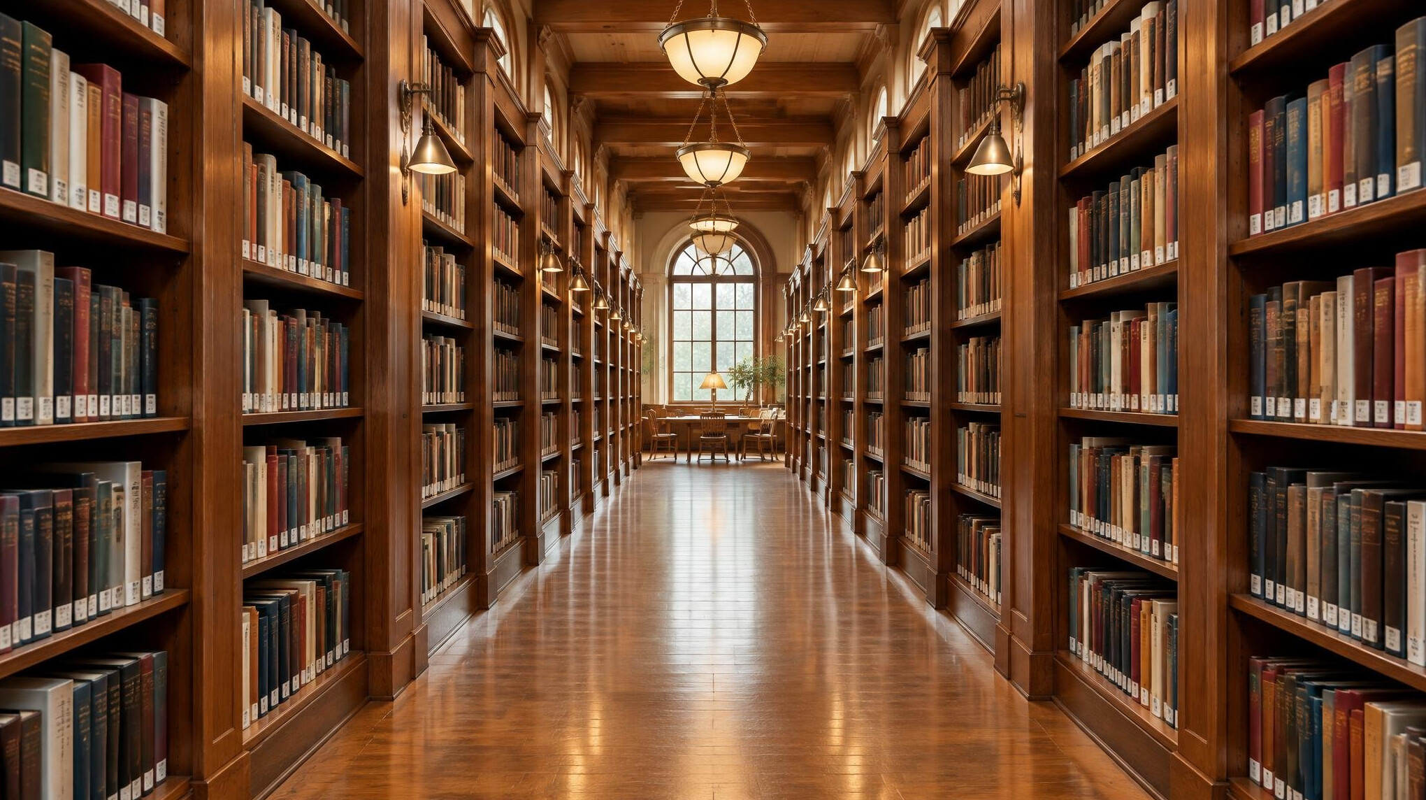 Library aisle with wooden bookshelves in warm light