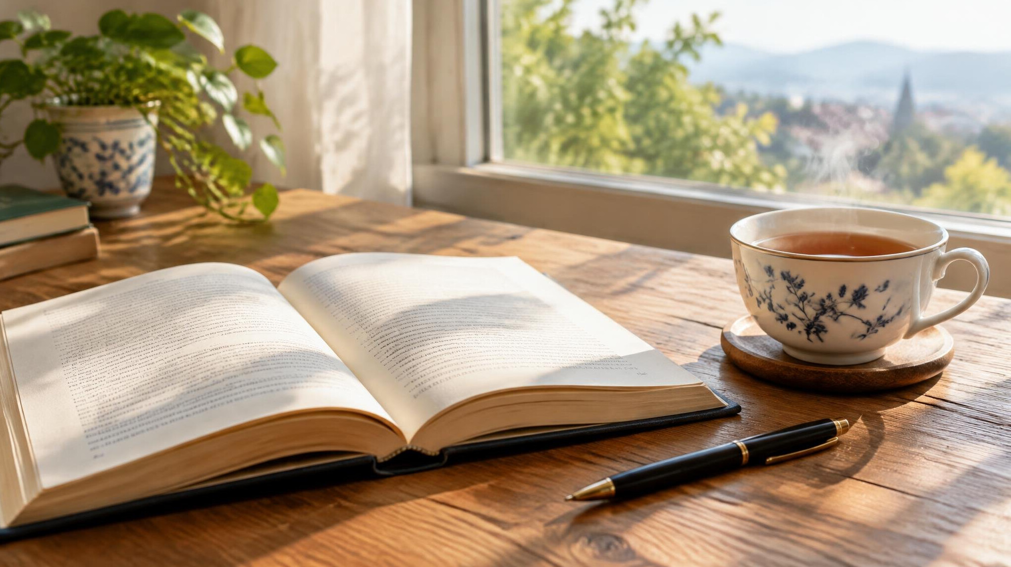 Open book with a pen and a cup of tea on a table