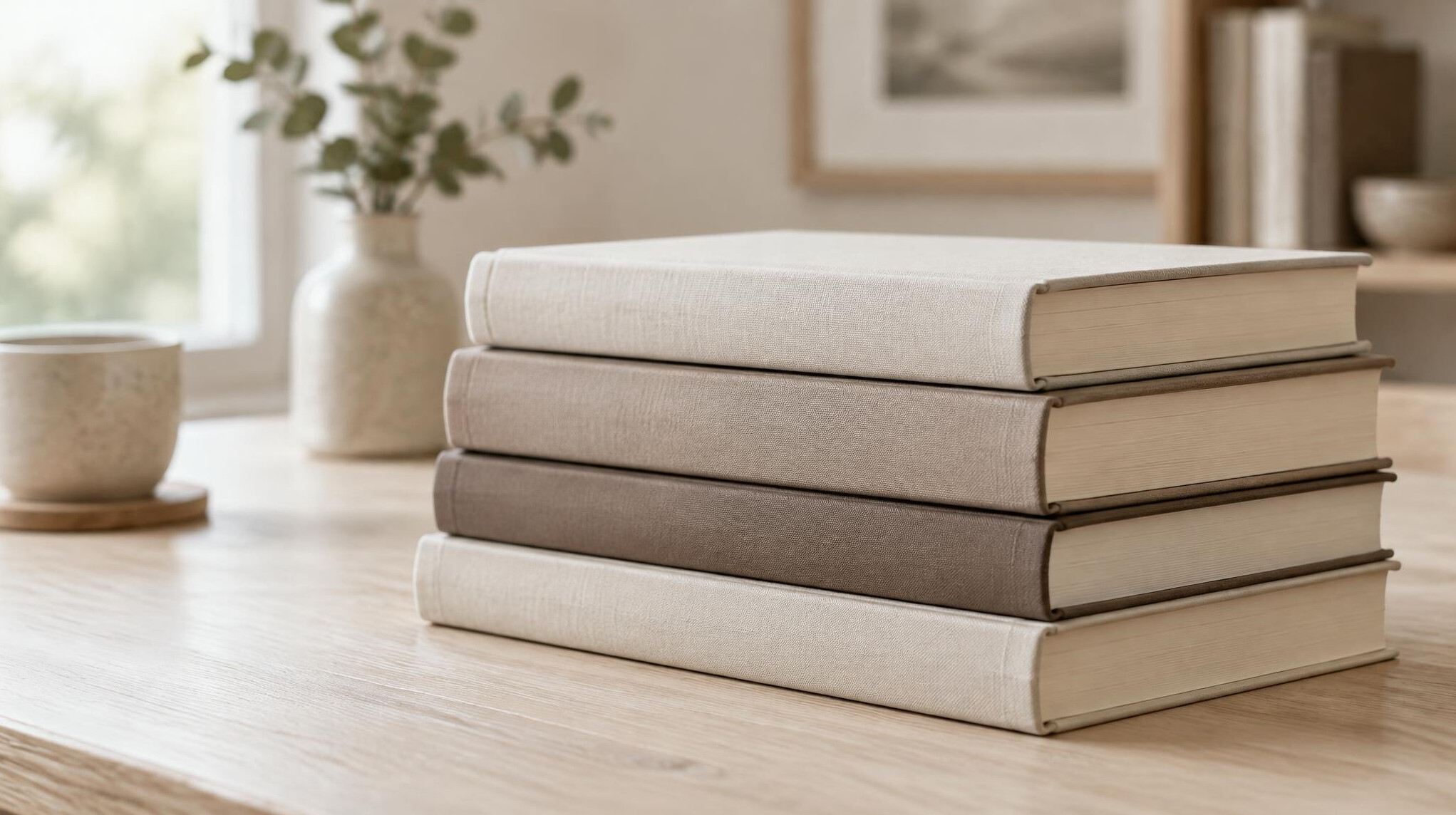 Stack of hardcover books on a table in soft daylight