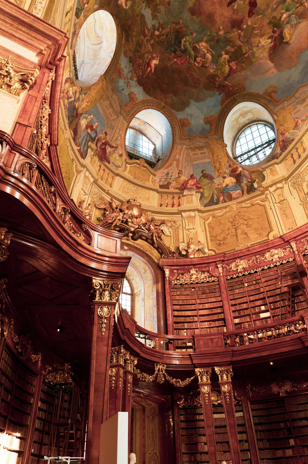 Grand quiet library reading room with tall wooden shelves and a ladder