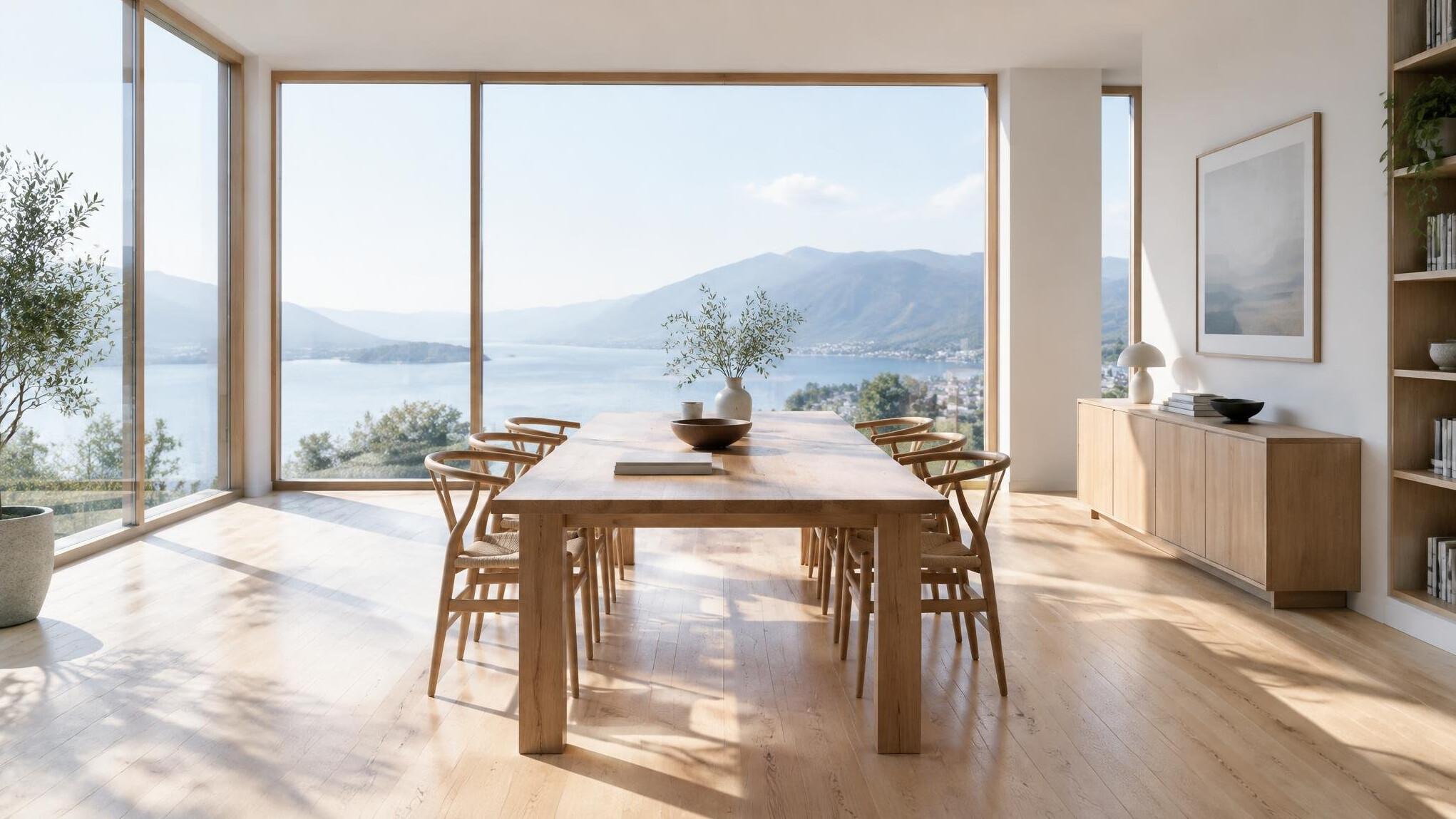 Bright minimalist office interior with large windows