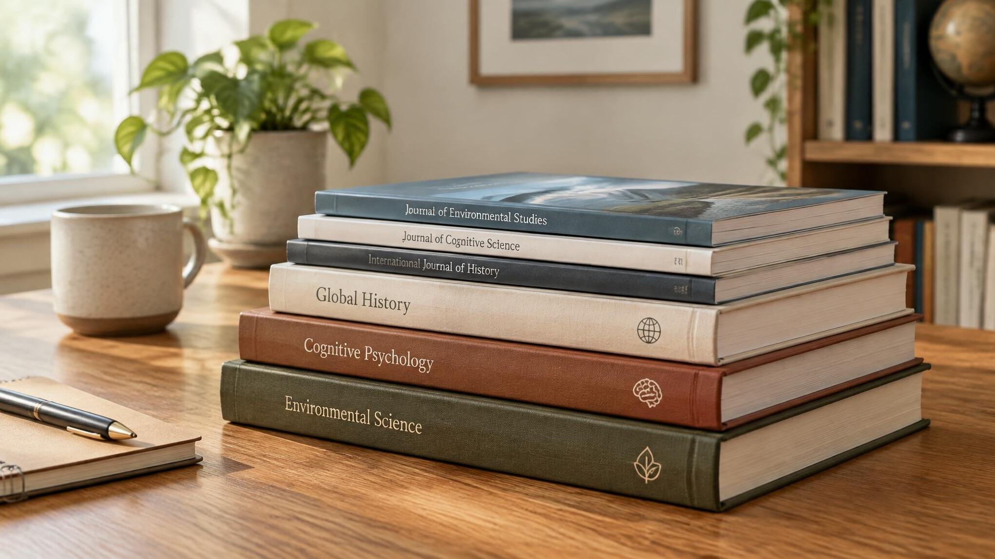 Stack of books and journals on a wooden table